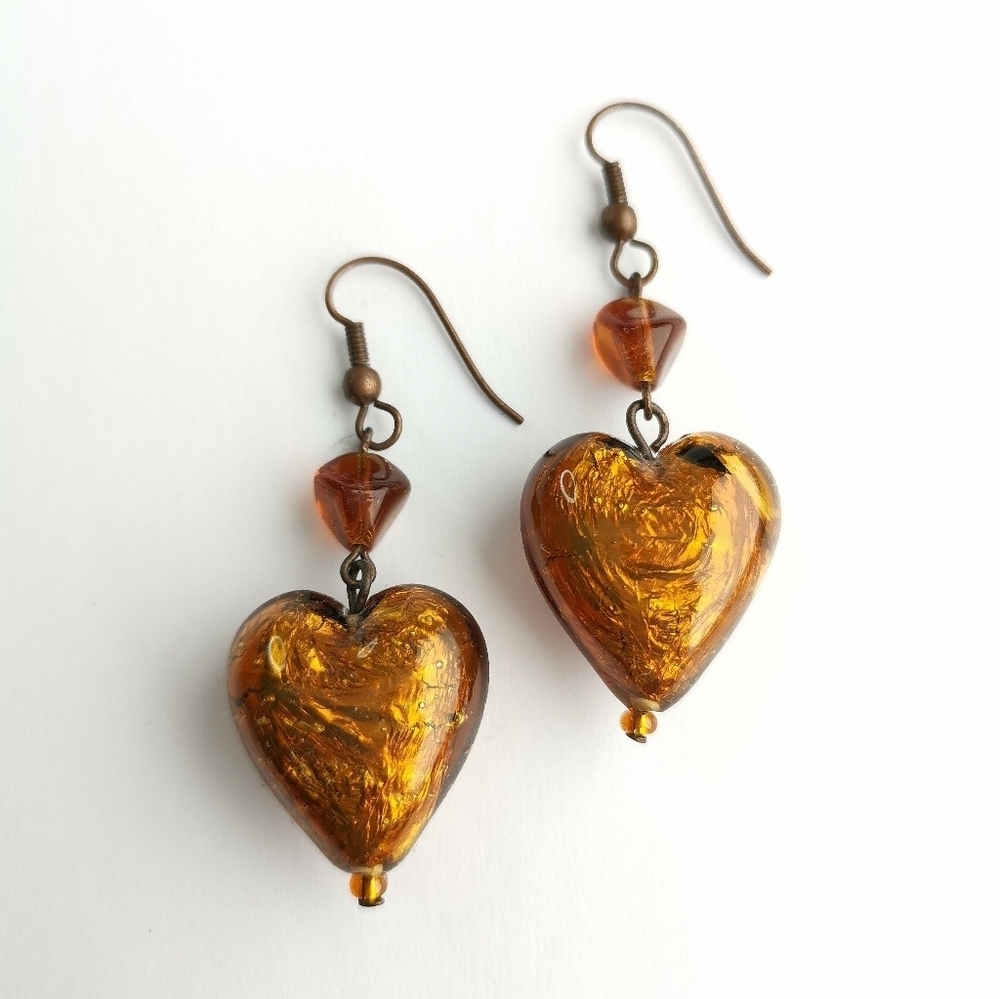 Vintage 90's Murano  amber glass silver foil hearts dangle drop earrings